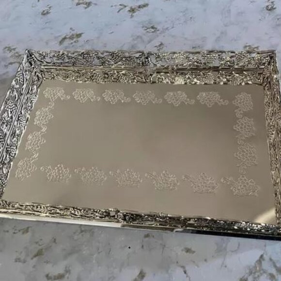 TRAY, NATURE HOME DÉCOR, GRAPE CLUSTER & LEAVES, MIRROR / SILVER - Picture 3 of 6